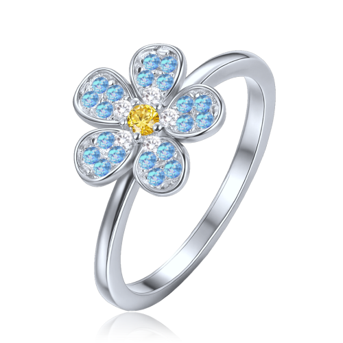 MINET Dětský stříbrný prsten kytička s modrým, bílým a žlutým zirkonem vel. 53