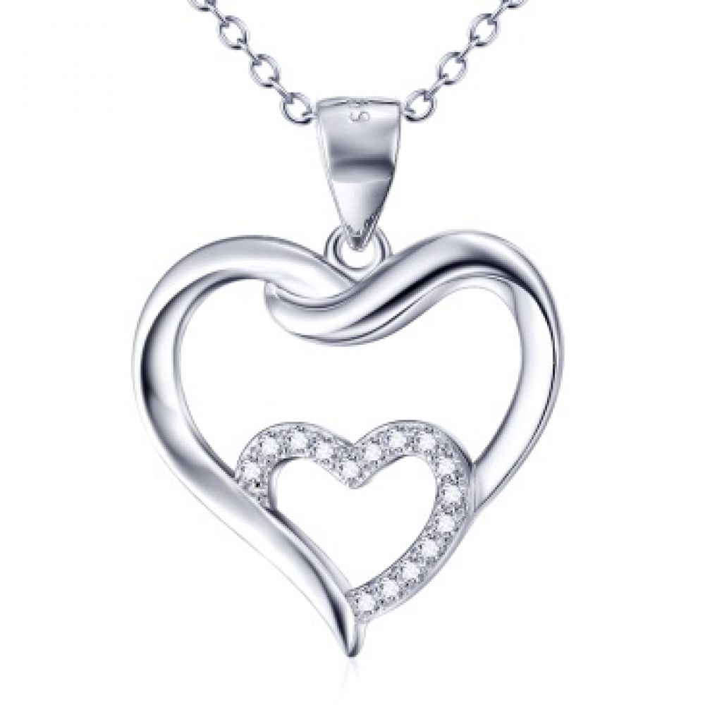 Stříbrný náhrdelník dvojité srdce se zirkony