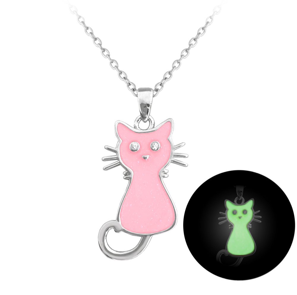 Svítící růžový stříbrný náhrdelník MINET KOČIČKA