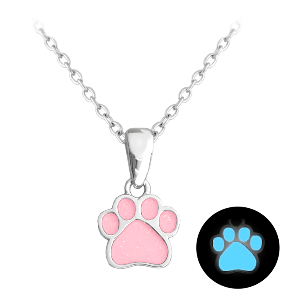 Svítící růžový stříbrný náhrdelník MINET TLAPKA