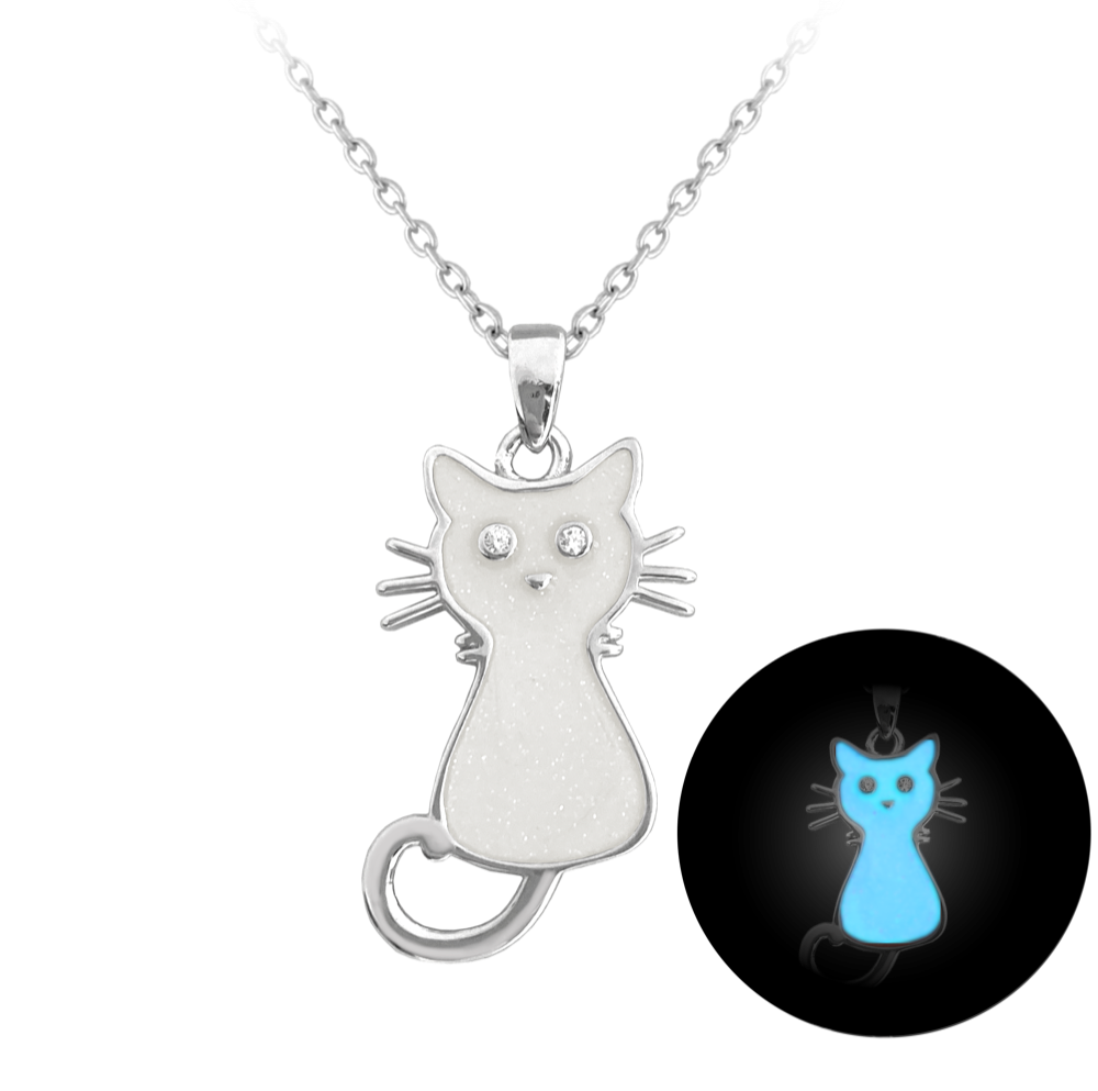 Svítící bílý stříbrný náhrdelník MINET KOČIČKA