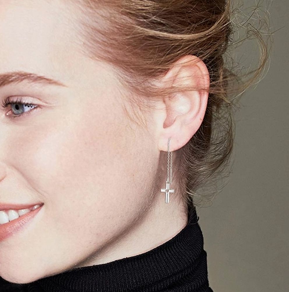 Stříbrné náušnice protahovací s křížkem