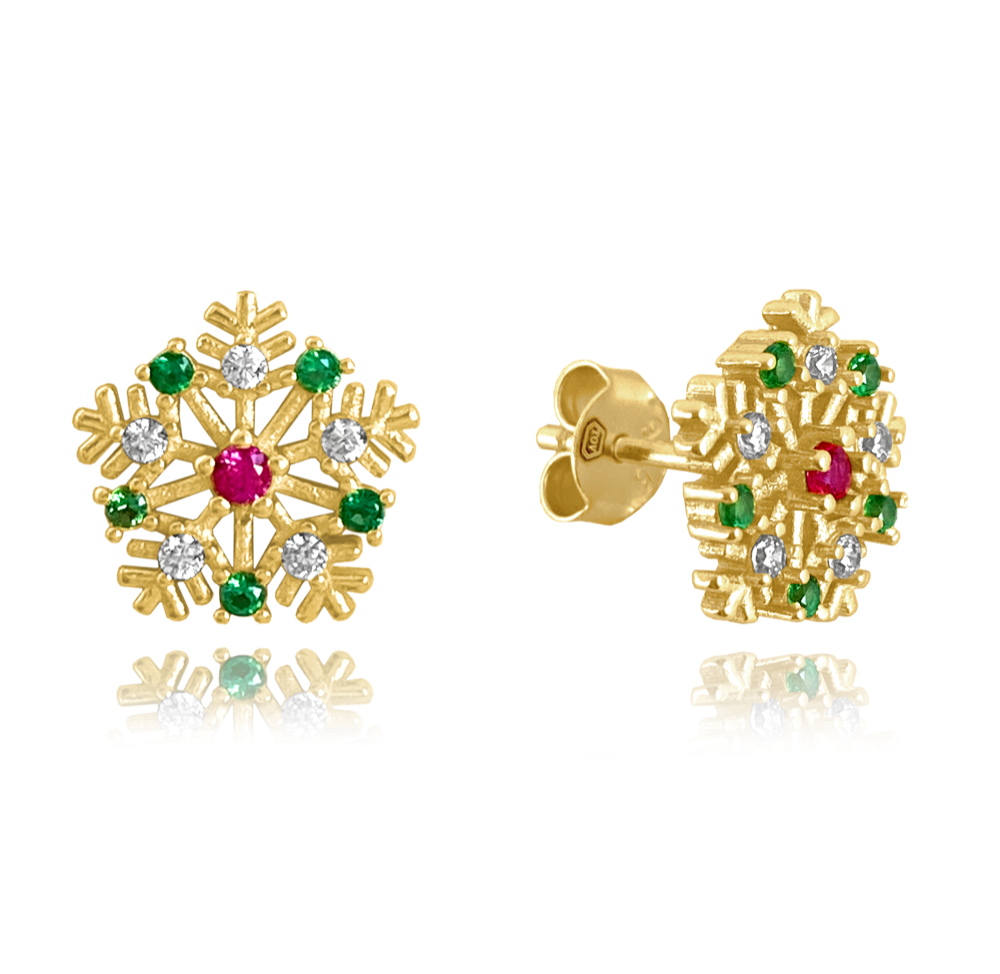 Pozlacené stříbrné náušnice MINET SNĚHOVÉ VLOČKY s barevnými zirkony