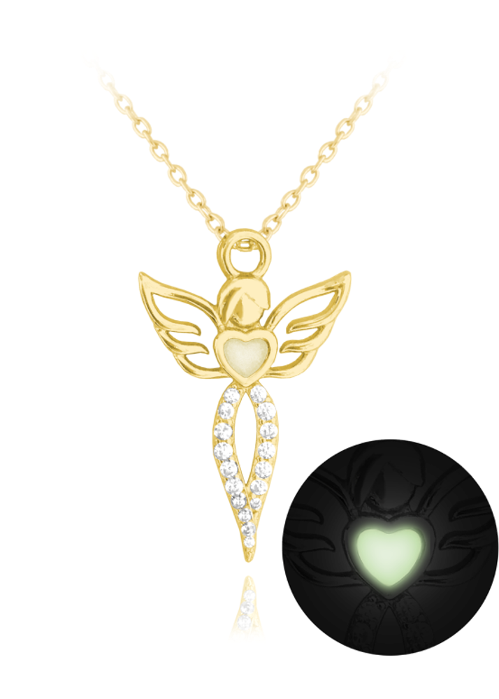 MINET Svítící pozlacený stříbrný náhrdelník ANDĚL s bílými zirkony