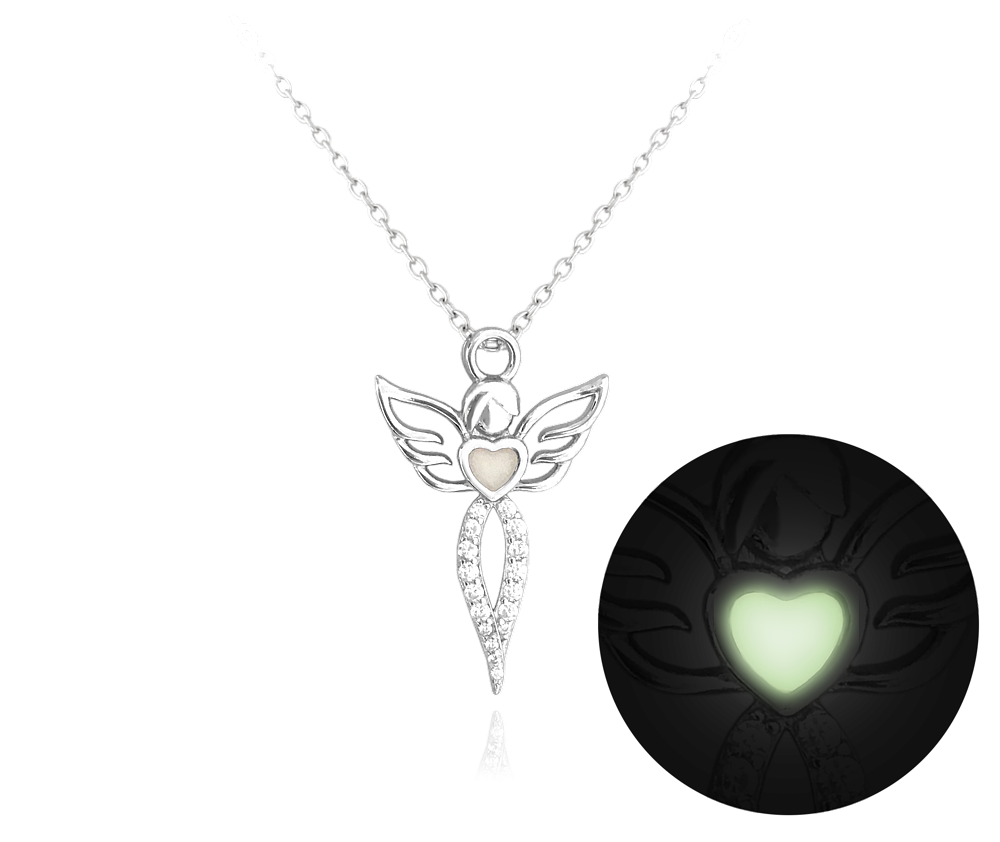Svítící stříbrný náhrdelník ANDĚL s bílými zirkony