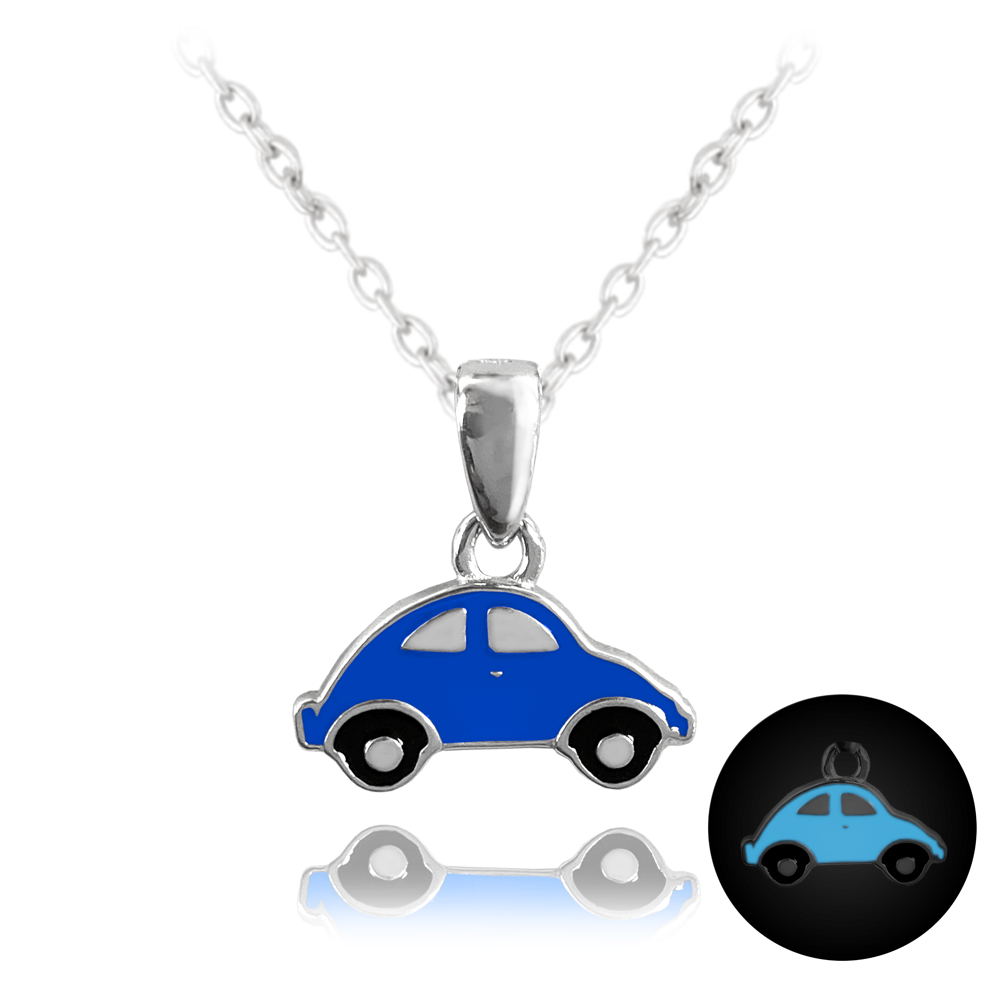 MINET Svítící modrý dětský stříbrný náhrdelník AUTO