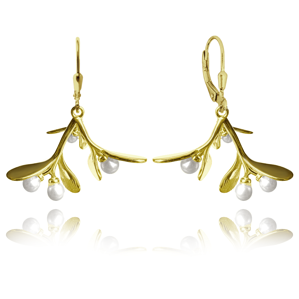 MINET Pozlacené stříbrné náušnice JMELÍ s perlami