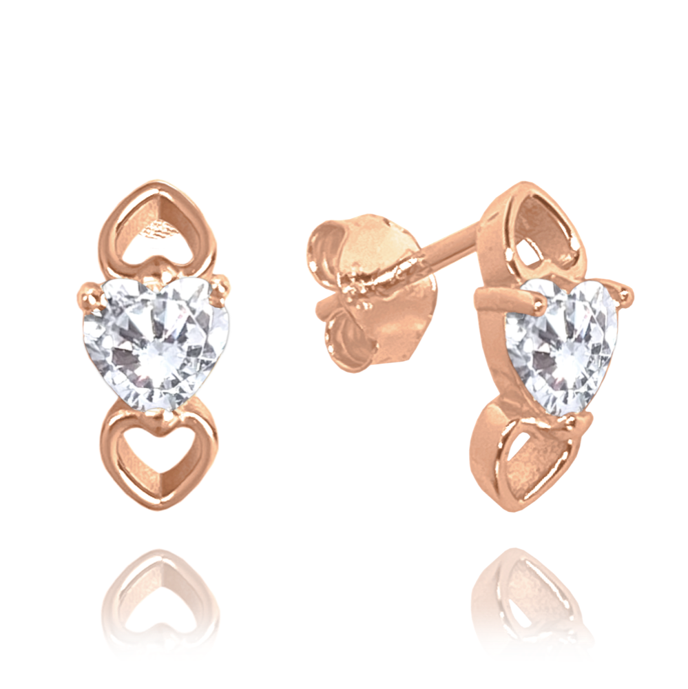 MINET Rose gold stříbrné náušnice LOVE s bilým srdíčkovým zirkonem