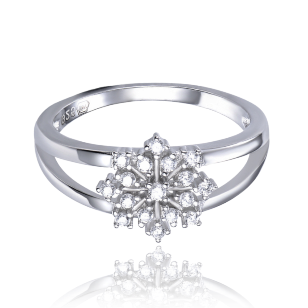MINET Stříbrný prsten sněhová vločka s bílými zirkony vel. 57 