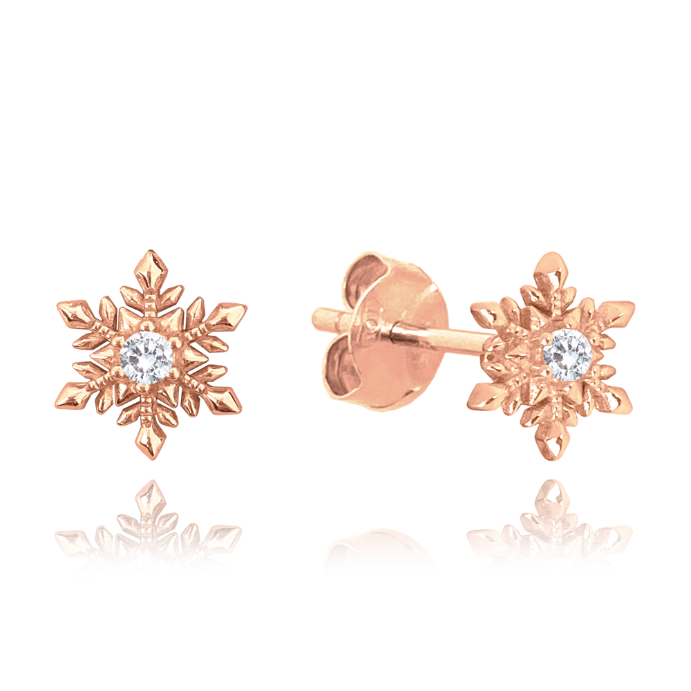 MINET Rose gold stříbrné náušnice SNĚHOVÉ VLOČKY s bílými zirkony