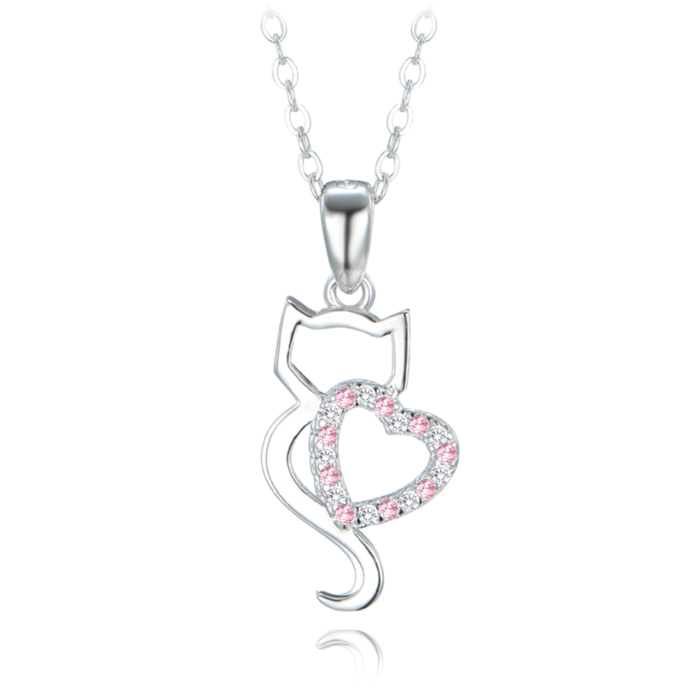 MINET Stříbrný náhrdelník kočka se srdíčkem s bílými a růžovými zirkony