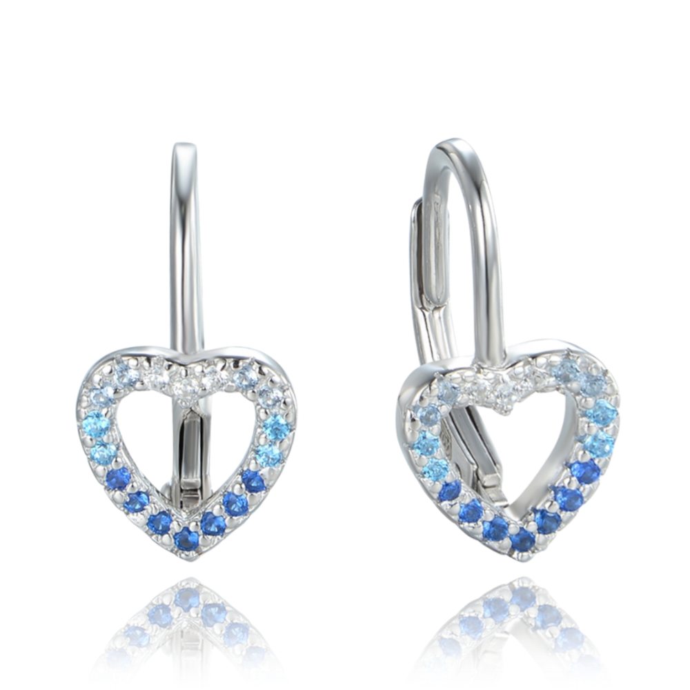 MINET Stříbrné náušnice srdce se zirkony v modrých odstínech