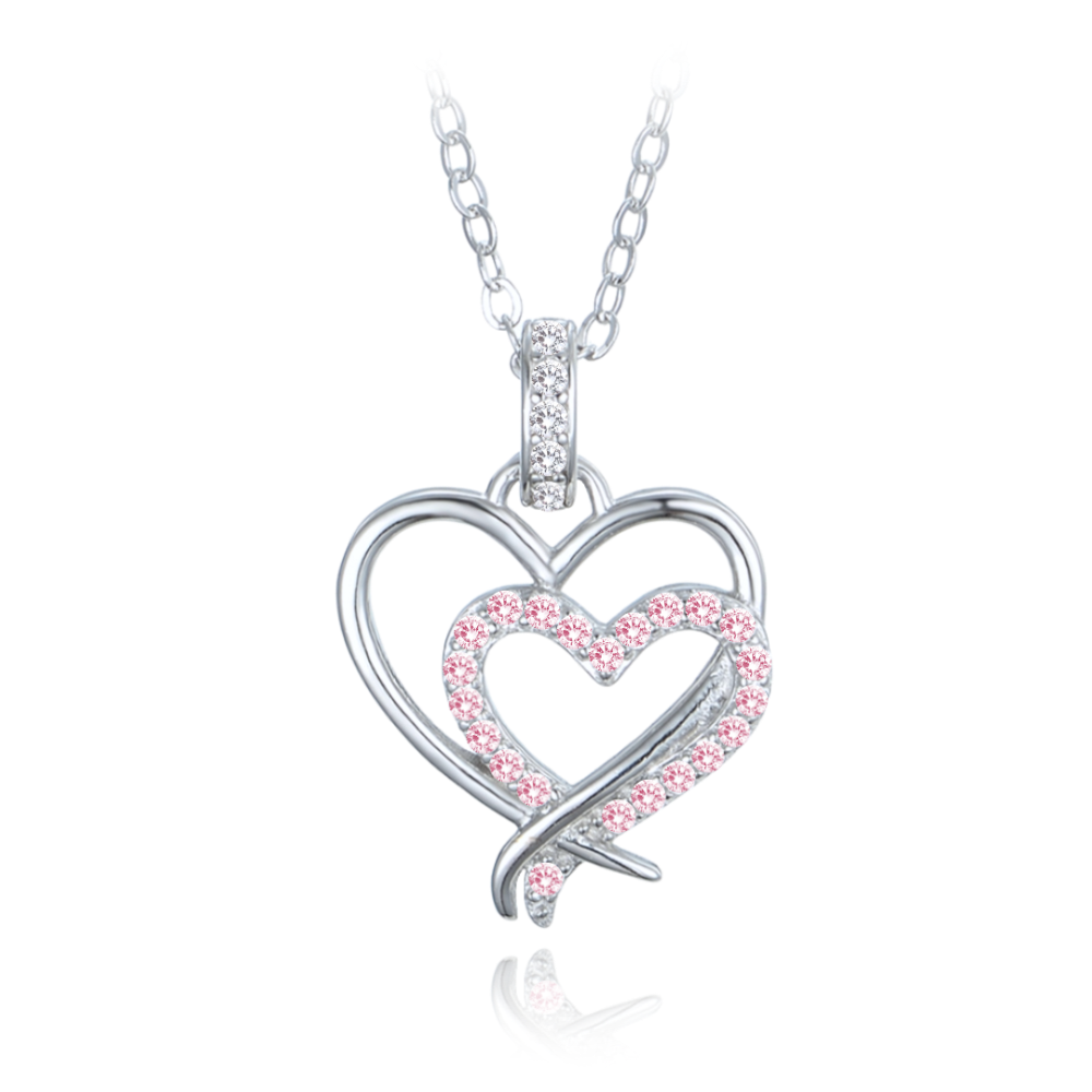 MINET Stříbrný náhrdelník dvojité srdce s bílými a růžovými zirkony