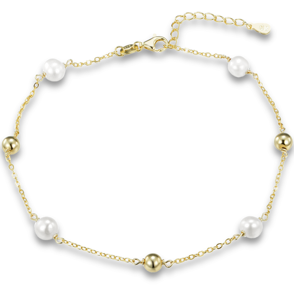 MINET Pozlacený stříbrný řetízek na kotník s kuličkami a přírodními perlami