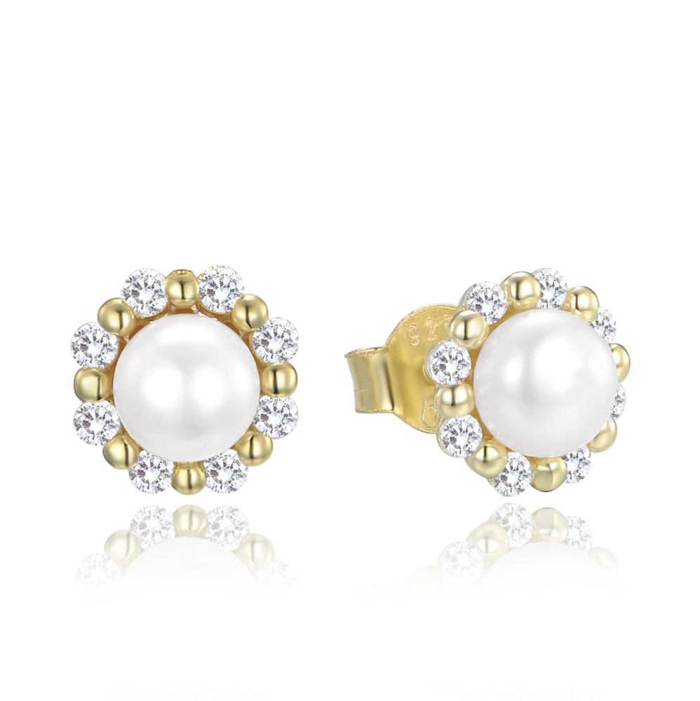 MINET Pozlacené stříbrné náušnice s přírodními perlami a zirkony