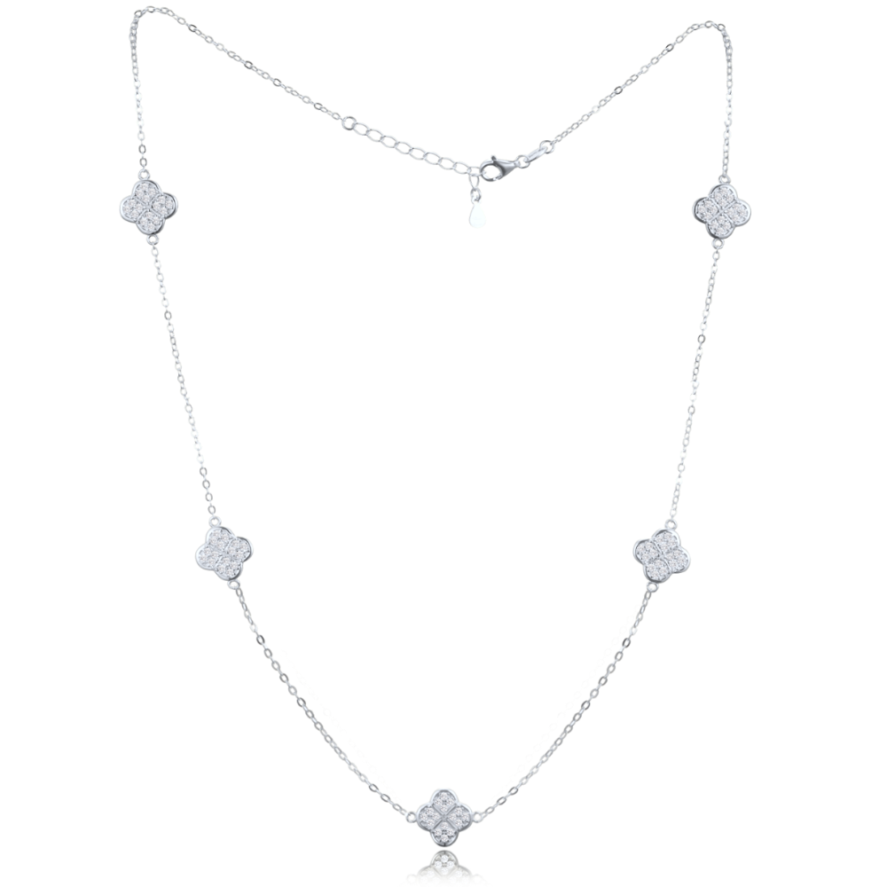 MINET Stříbrný náhrdelník čtyřlístky s bílými zirkony