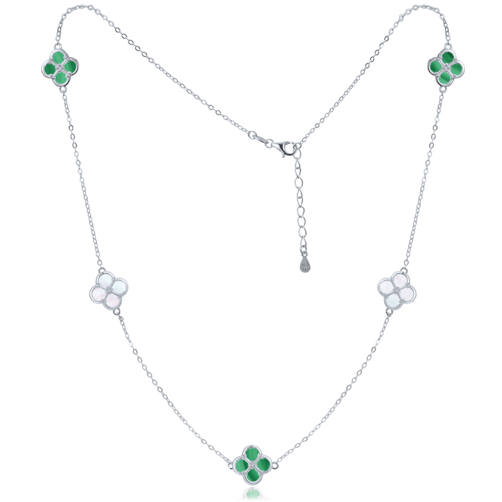 MINET Stříbrný náhrdelník čtyřlístky s bílou perletí a malachitem