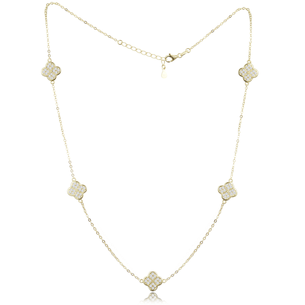 MINET Pozlacený stříbrný náhrdelník čtyřlístky s bílými zirkony