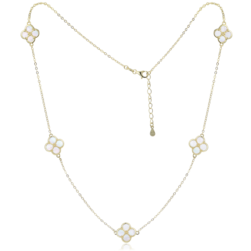 MINET Pozlacený stříbrný náhrdelník čtyřlístky s bílou perletí