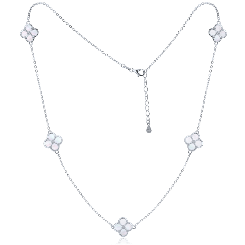 MINET Stříbrný náhrdelník čtyřlístky s bílou perletí