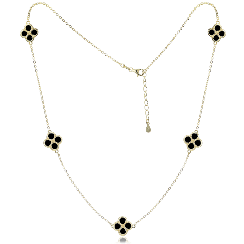 MINET Pozlacený stříbrný náhrdelník čtyřlístky s černou perletí
