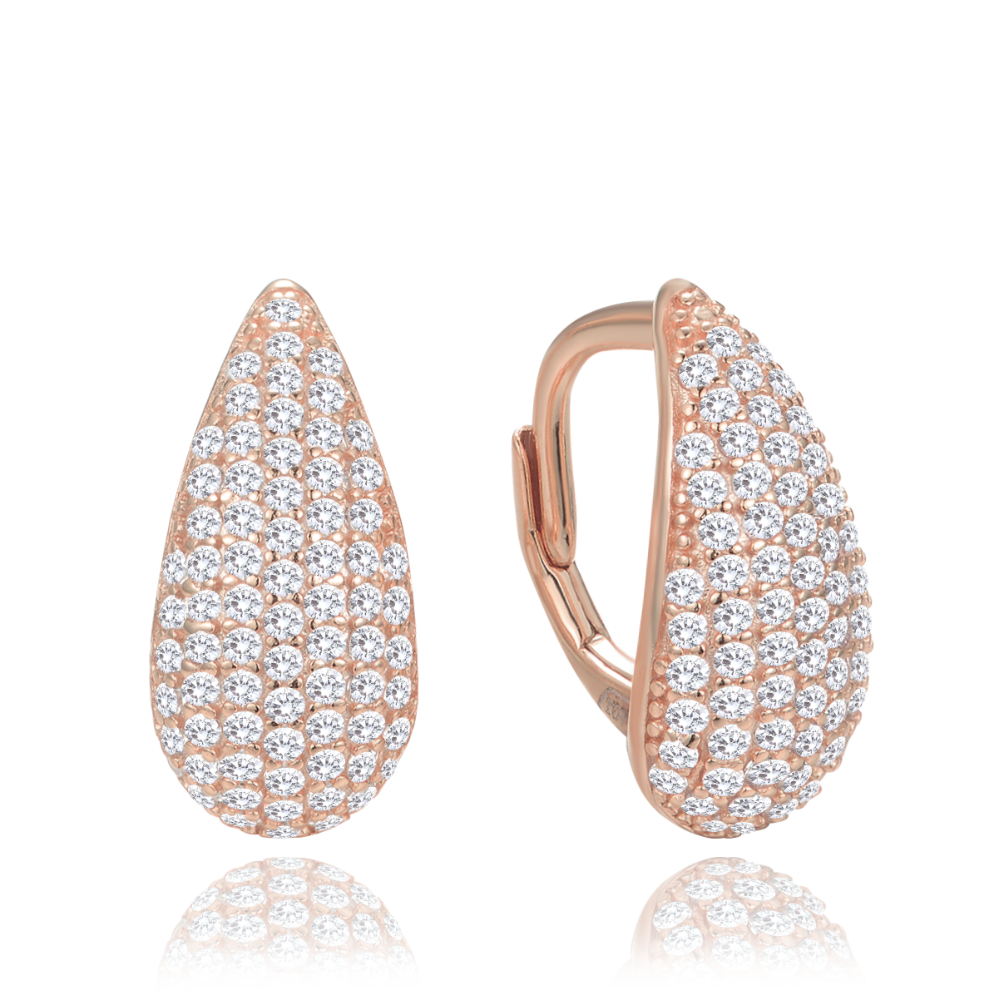 MINET Rose gold stříbrné náušnice kapky s bílými zirkony