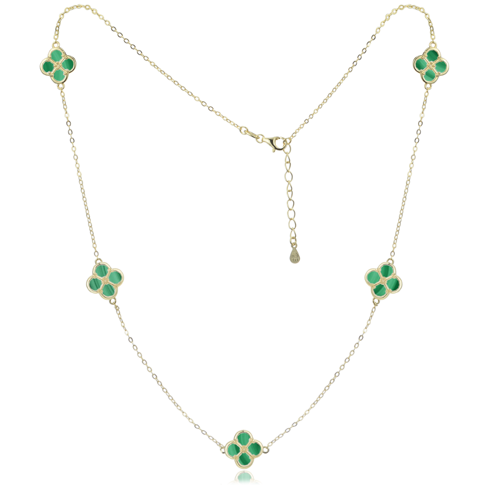 MINET Pozlacený stříbrný náhrdelník čtyřlístky s malachitem