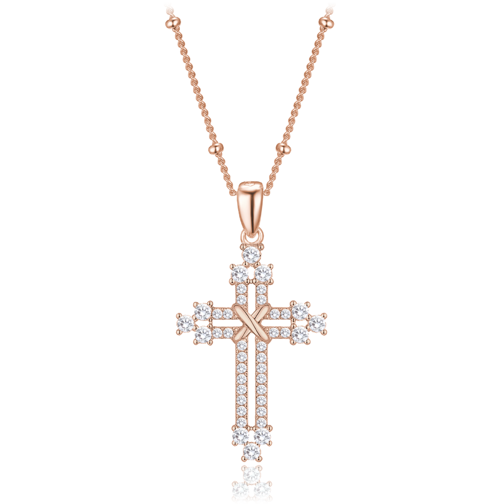 MINET Rose gold stříbrný náhrdelník křížek se zirkony a řetízek s kuličkami
