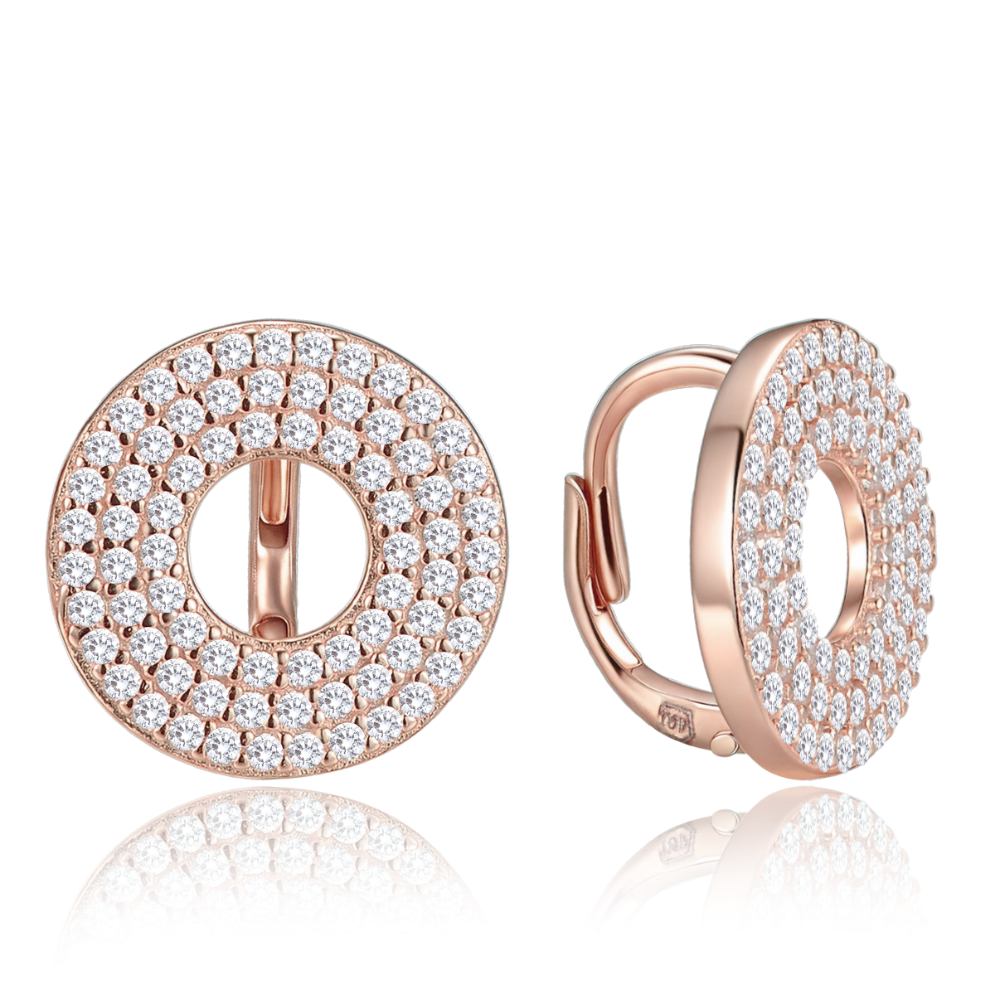 MINET Luxusní rose gold kruhové stříbrné náušnice s bílými zirkony