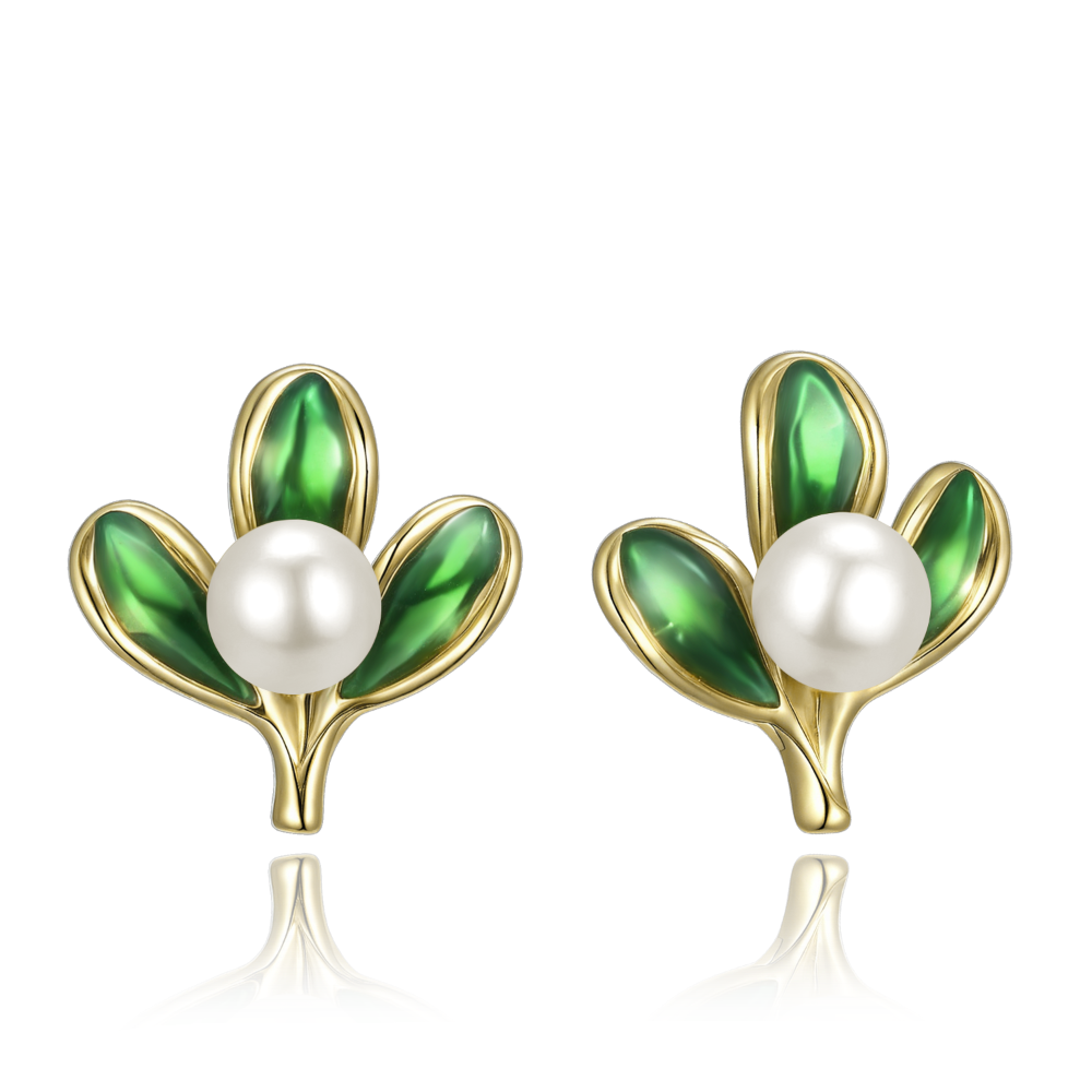 MINET Vánoční pozlacené stříbrné náušnice jmelí s perlami