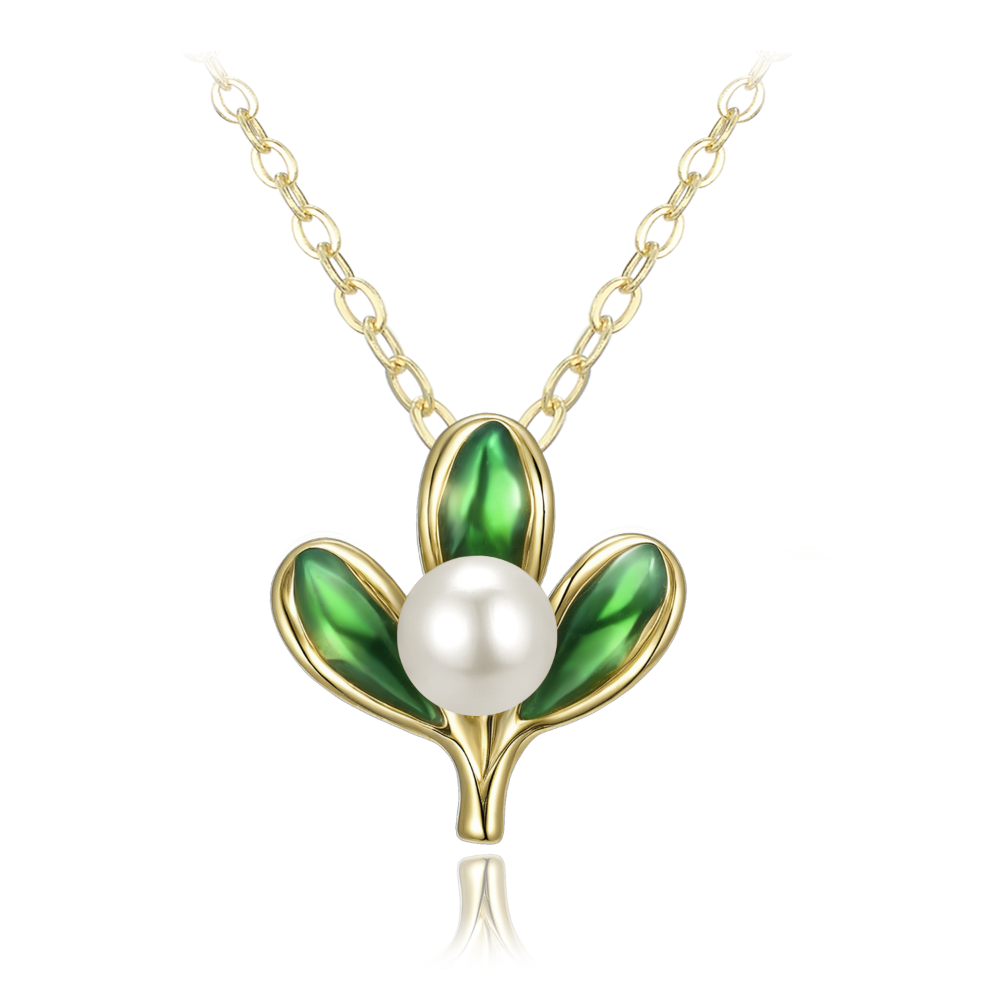 MINET Vánoční pozlacený stříbrný náhrdelník jmelí s perlami