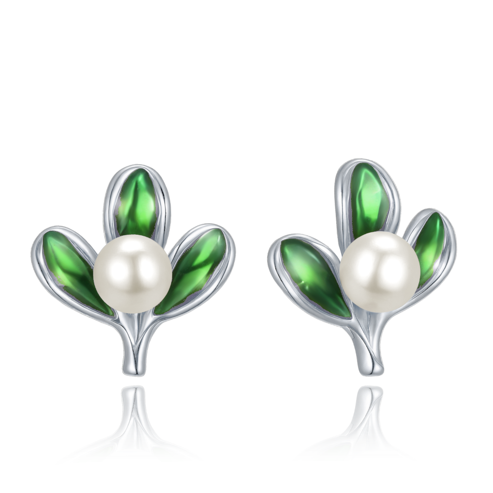 MINET Vánoční stříbrné náušnice jmelí s perlami