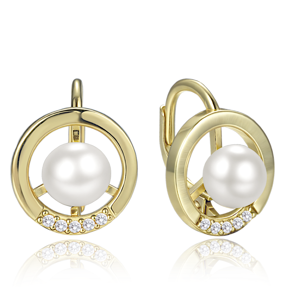 MINET Elegantní pozlacené stříbrné náušnice kroužky s perlou a zirkony