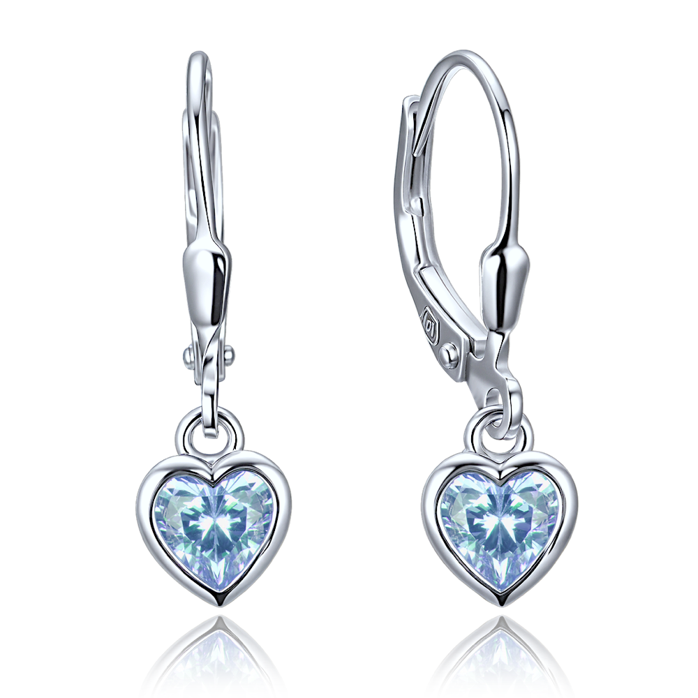 MINET Decentní stříbrné náušnice srdce se světle modrými zirkony