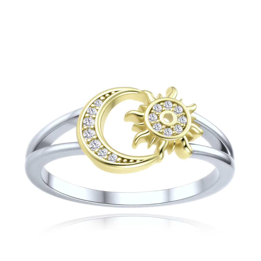 MINET Dvoubarevný stříbrný prsten slunce a měsíc s bílým zirkonem vel. 53