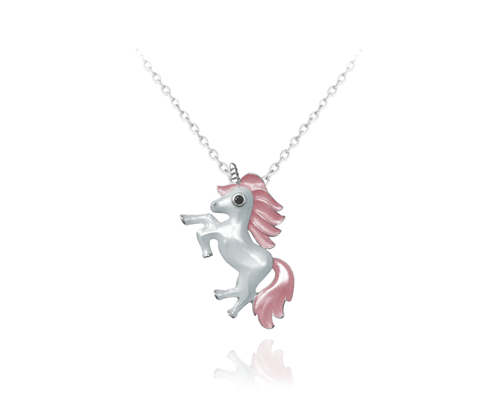 Svítící růžový stříbrný náhrdelník MINET JEDNOROŽEC