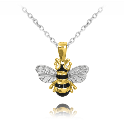 MINET Pozlacený stříbrný náhrdelník VČELKA s černými zirkony