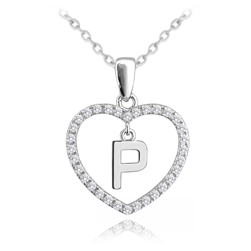 MINET Stříbrný náhrdelník písmeno v srdíčku "P" se zirkony