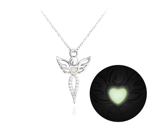 Svítící stříbrný náhrdelník ANDĚL s bílými zirkony