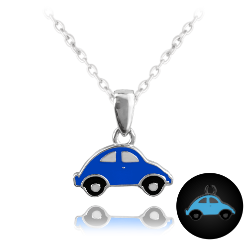 MINET Svítící modrý dětský stříbrný náhrdelník AUTO