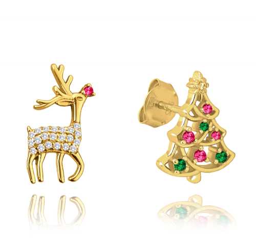 MINET Vánoční pozlacené stříbrné náušnice SOB a STROMEČEK