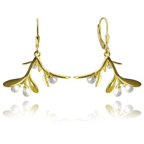 MINET Pozlacené stříbrné náušnice JMELÍ s perlami