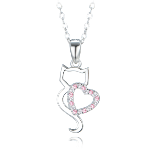 MINET Stříbrný náhrdelník kočka se srdíčkem s bílými a růžovými zirkony