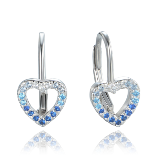MINET Stříbrné náušnice srdce se zirkony v modrých odstínech
