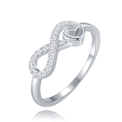 MINET Stříbrný prsten nekonečno se srdíčkem a bílými zirkony vel. 61 