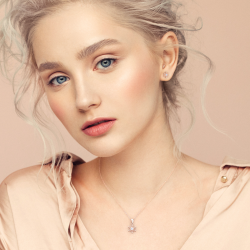 MINET Rose gold stříbrné náušnice SNĚHOVÉ VLOČKY s bílými zirkony