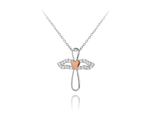 Třpytivý stříbrný náhrdelník MINET ANDĚL s růžovým srdíčkem