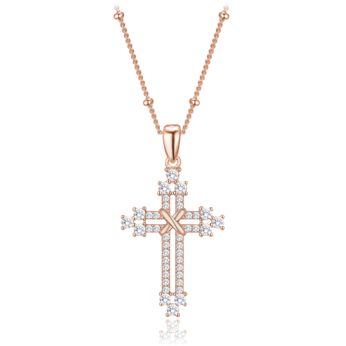 MINET Rose gold stříbrný náhrdelník křížek se zirkony a řetízek s kuličkami
