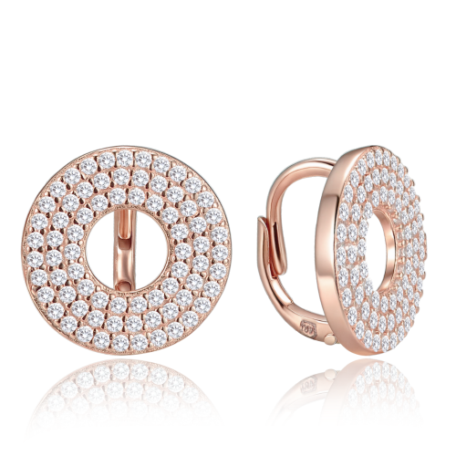 MINET Luxusní rose gold kruhové stříbrné náušnice s bílými zirkony