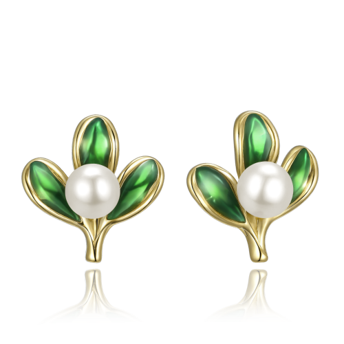 MINET Vánoční pozlacené stříbrné náušnice jmelí s perlami